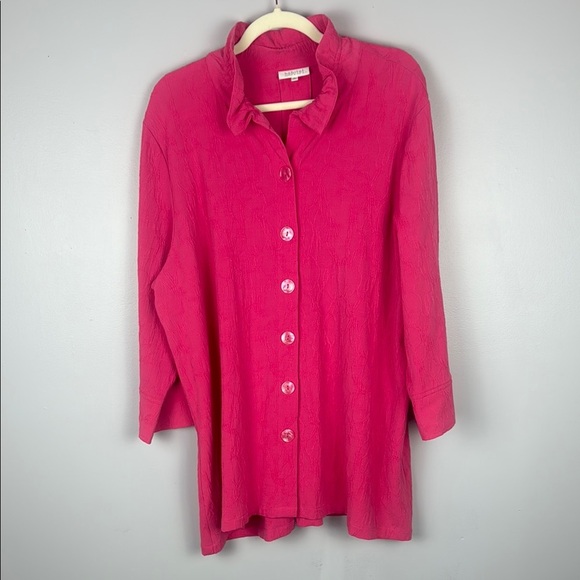 Habitat Women's Size XLarge Pink Ruffled Collar Stretch Textured Tunic Top - Picture 2 of 9